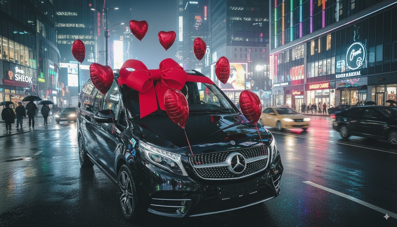 Оформление машины Mercedes красным бантом и шарами для подарка в ночном городе